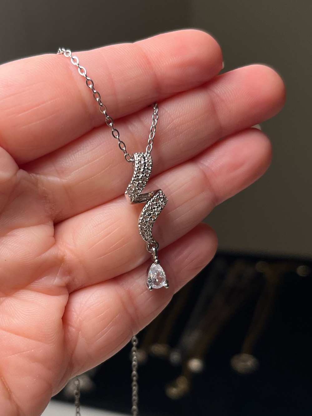 Silver Tone Stainless steel CZ Twist Drop Necklace